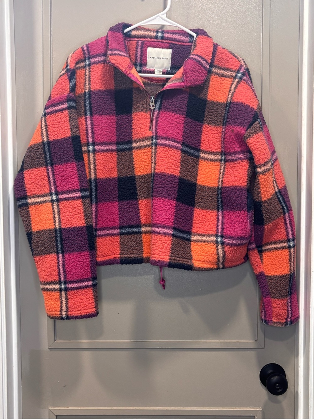 American Eagle Outfitters Pink & Orange Plaid Sherpa Half-Zip Pullover